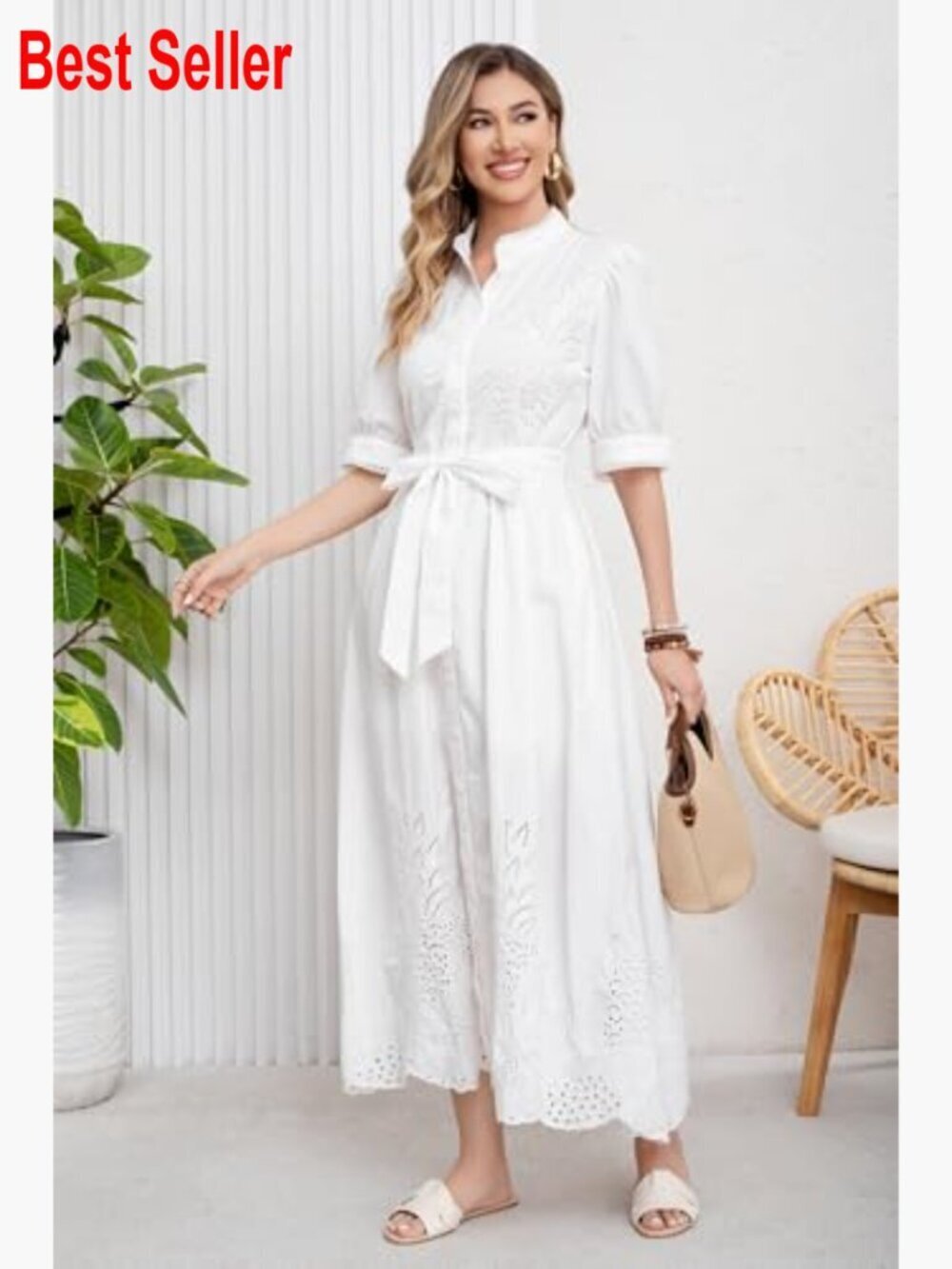 Embroidered Eyelet Cotton Shirt Dress with Belt Puff Sleeve Boho Maxi - Picture 5 of 7